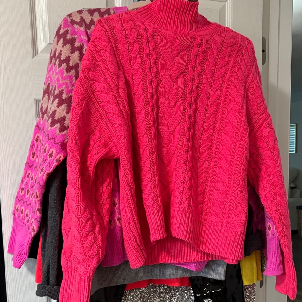 J. Crew Bright Pink Cable Knit Turtleneck Sweater